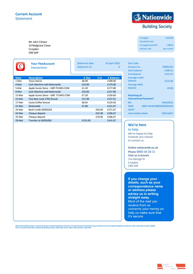 UK Nationwide utility bill template in Word and PDF format